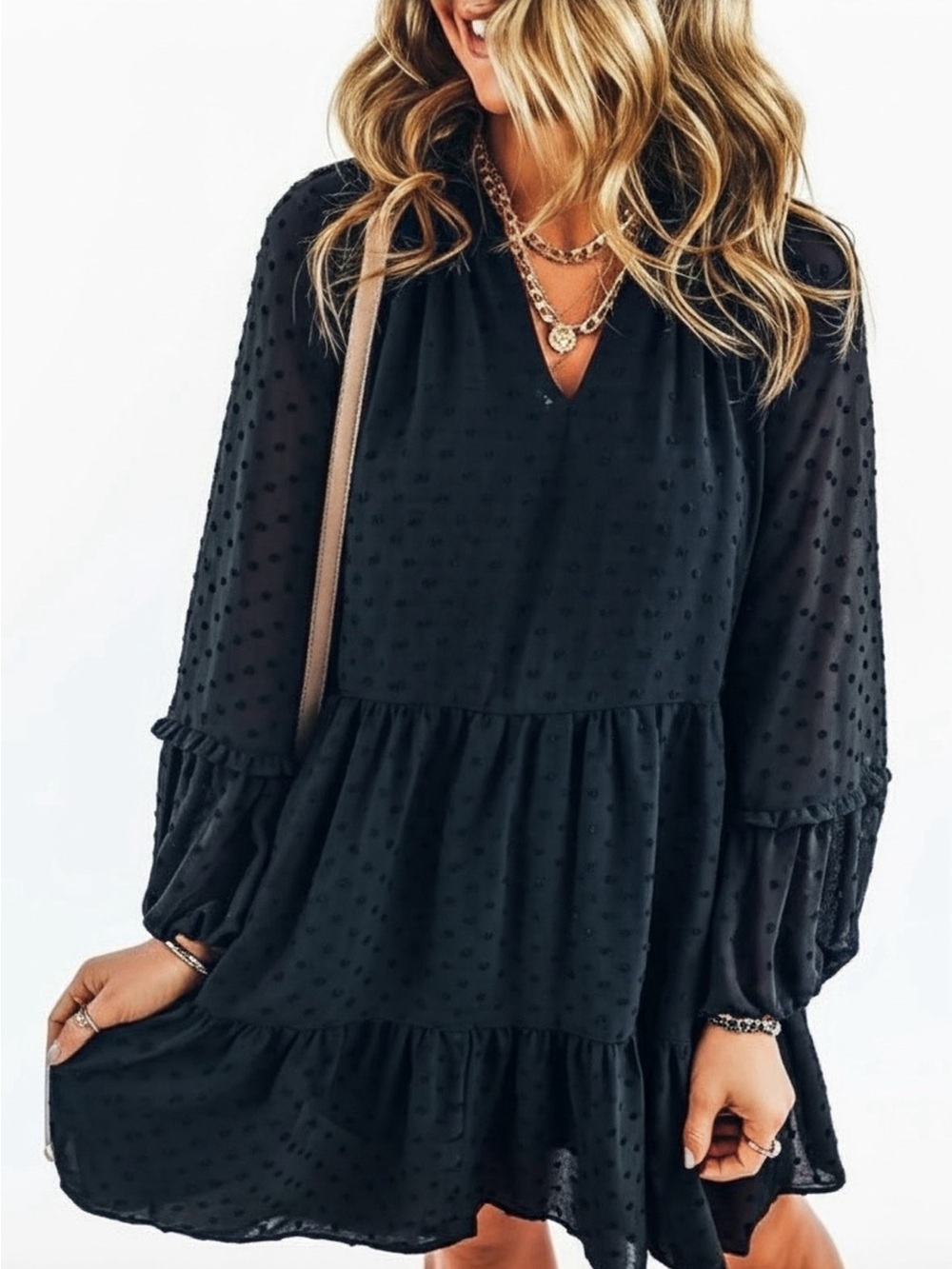 CECE Black Long Sleeve Clip Dot Ruffle Babydoll Mini Dress--NWT--S